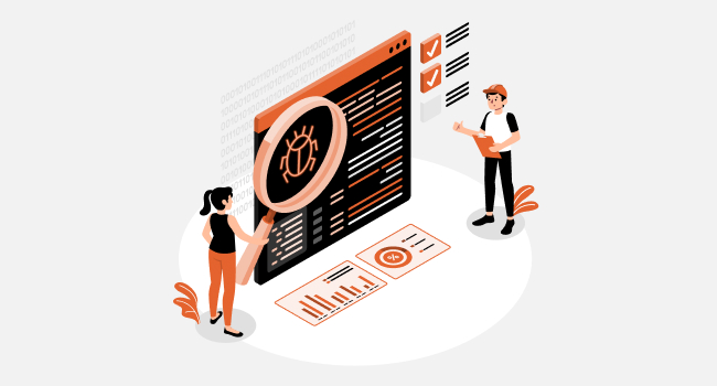 male and female managers standing in front of a big black chart with a magnifier